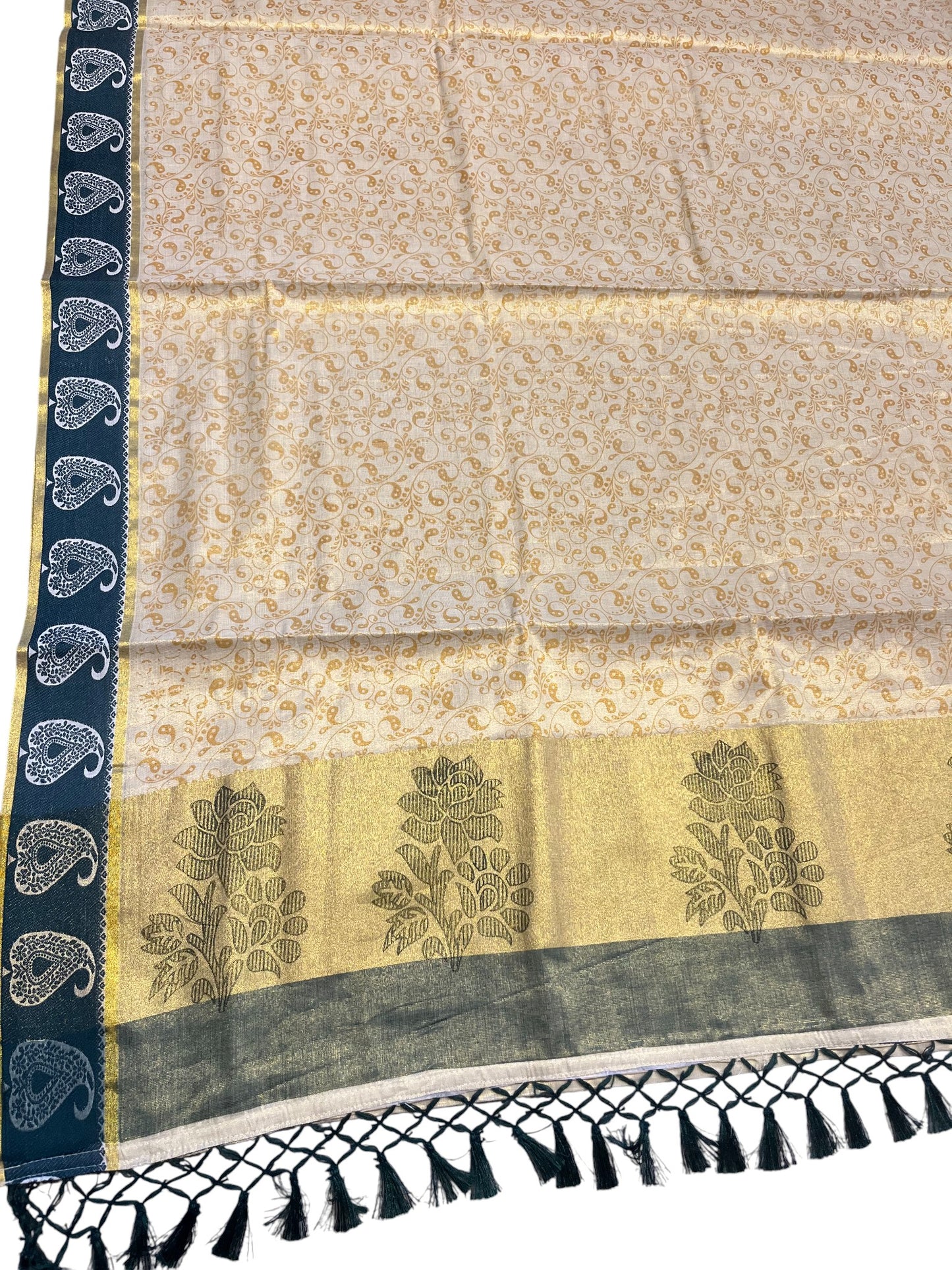 Southloom Kerala Tissue Kasavu Printed Saree with Green Floral Embroidery Works and Tassels