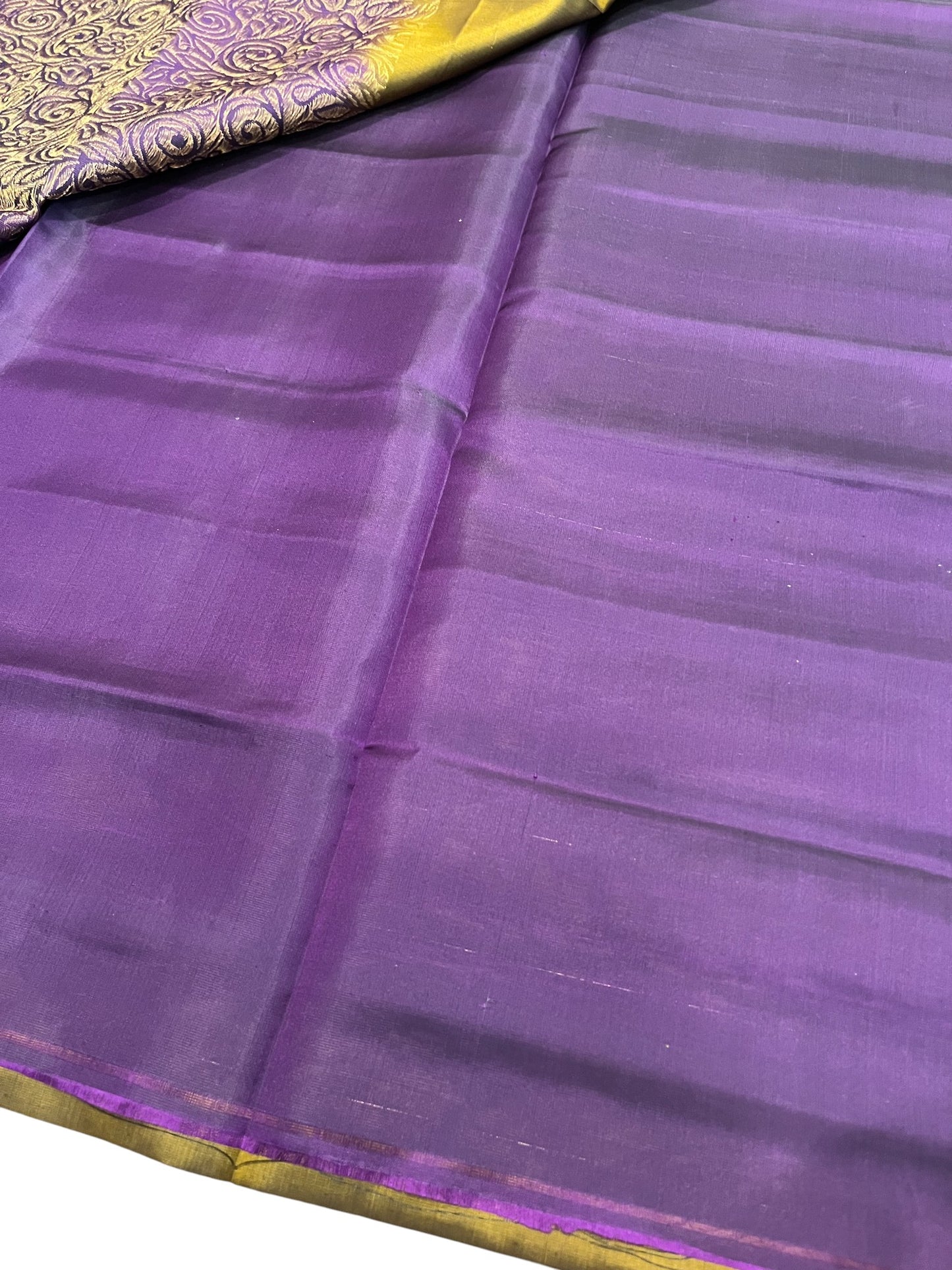 Southloom Pure Handloom Bridal Kanchipuram Silk Saree with Korvai Work (Violet & Yellow)