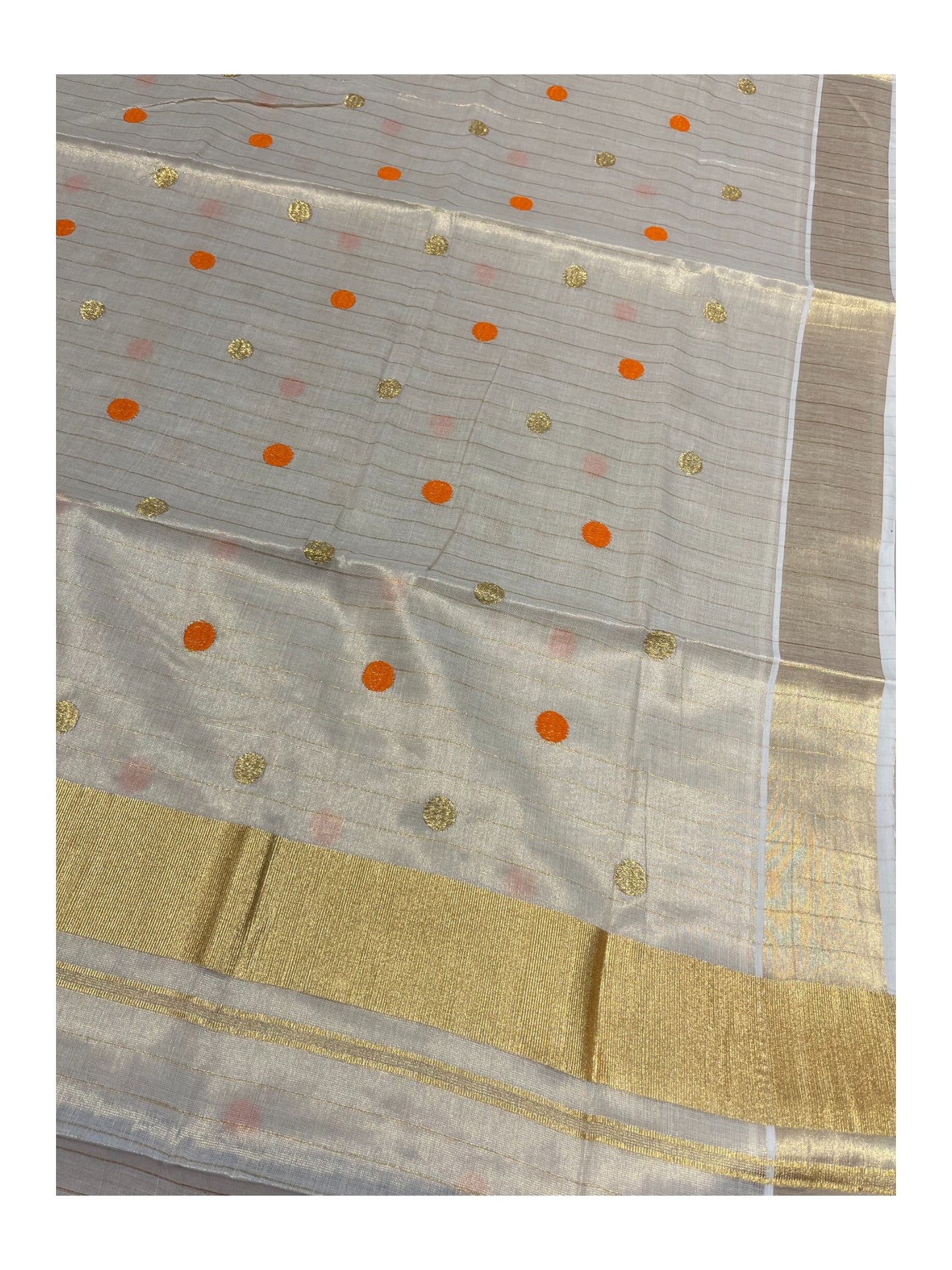 Southloom Kerala Tissue Kasavu Saree with Gold& Orange Polka Embroidery Works on Body