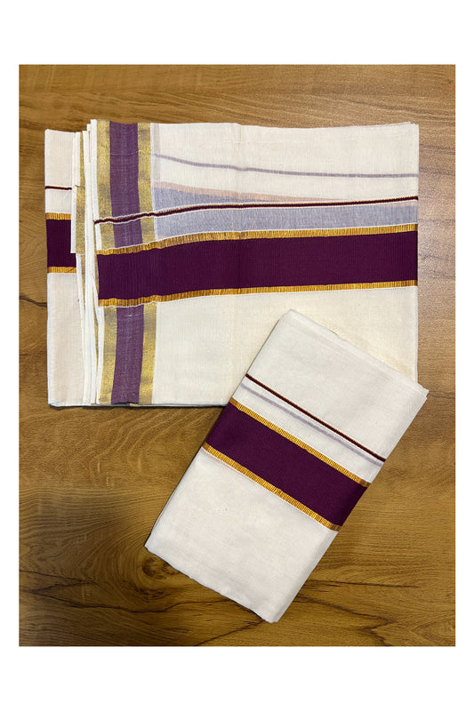 Kerala Cotton Mundum Neriyathum Single (Set Mundu) with Purple and Kasavu Border in 2.80 Mtrs