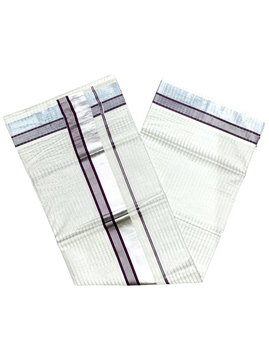 Southloom Pure Cotton Kerala Silver Kasavu Lines Saree with Purple and Silver Border