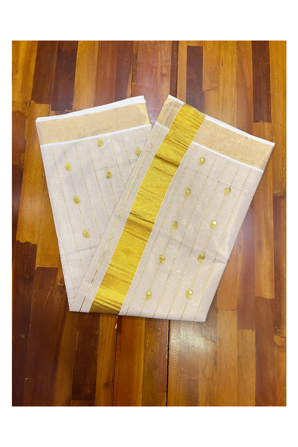 Kerala Tissue Kasavu Lines Saree with Paisley Embroidary Works On Body
