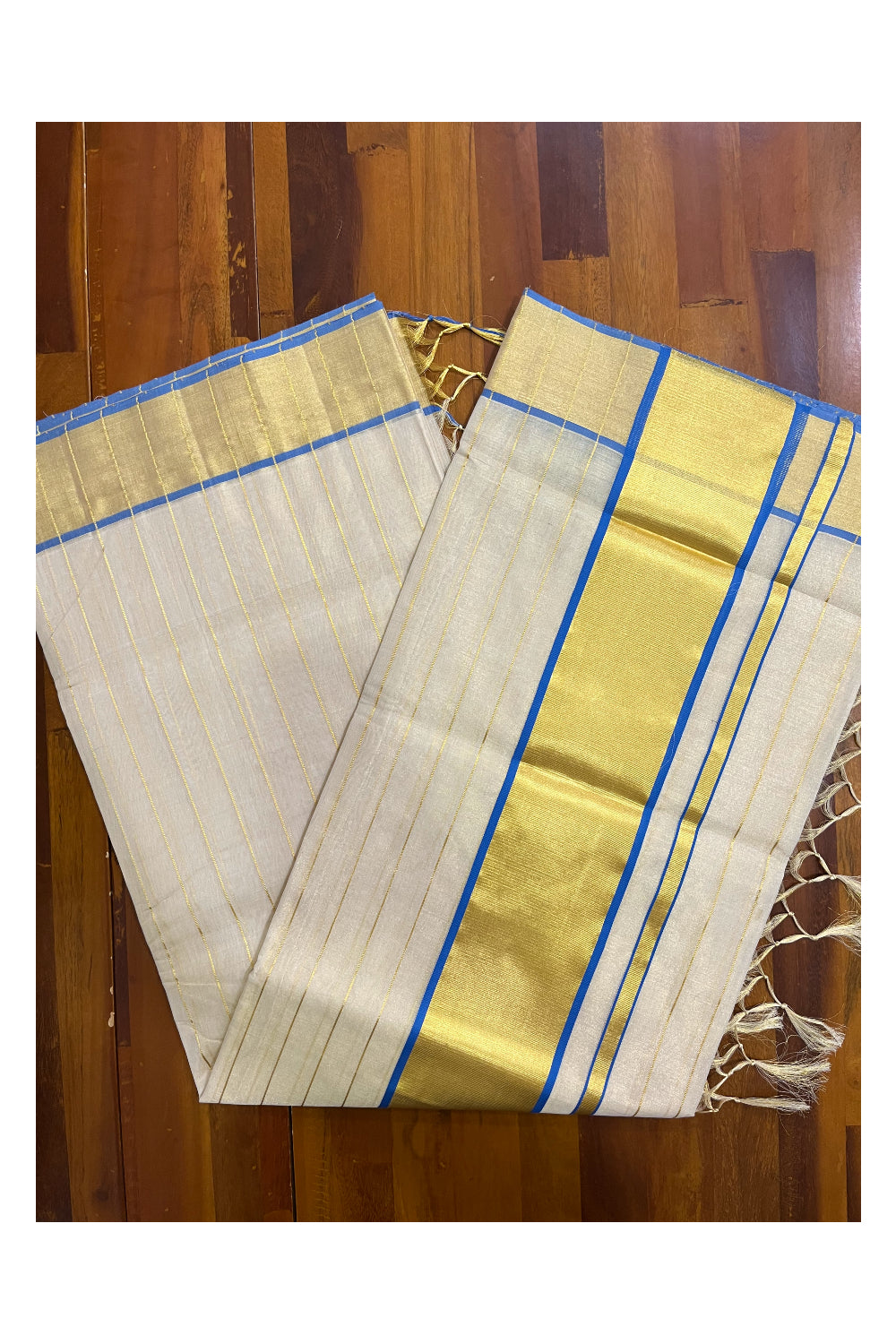 Southloom Premium Balaramapuram Handloom Tissue Kasavu Lines Design Kerala Saree with Blue Border