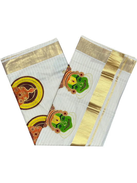 Southloom Kerala Cotton Kasavu Lines Saree with Kathakali Embroidery Design SL339