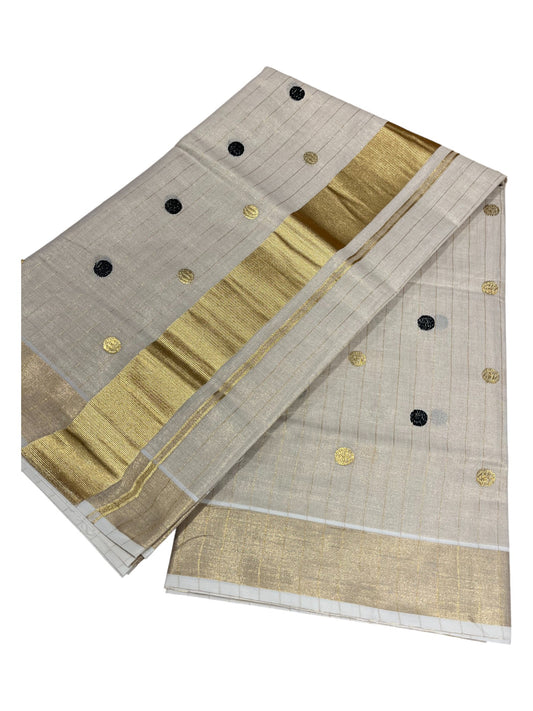 Southloom Kerala Tissue Kasavu Saree with Gold& Black Polka Embroidery Works on Body