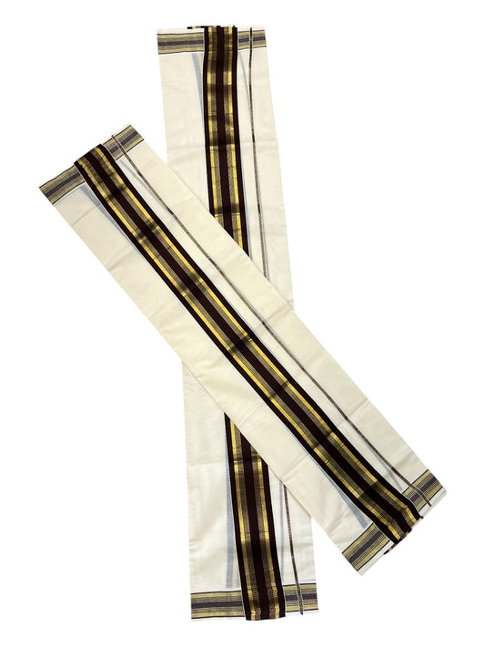 Kerala Cotton Set Mundu (Mundum Neriyathum) with Kasavu and Brown Border