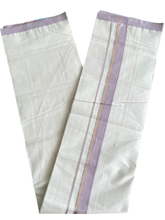 Southloom Pure Cotton Mundu with Golden Lines and Lavender Border (South Indian Kerala Dhoti)