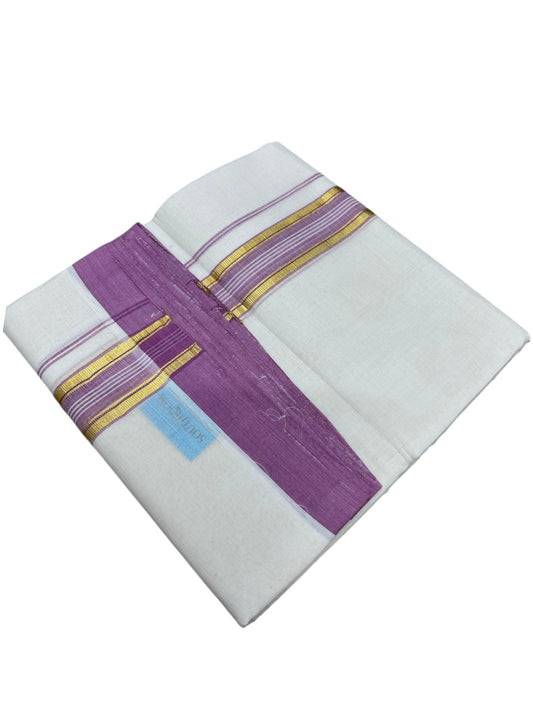 Southloom Balaramapuram Premium Handloom Cotton Double Mundu with Gold Kasavu and Pink Border