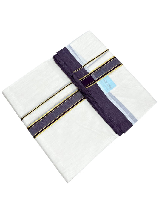 Southloom Pure Cotton Mundu with Gold Lines and purple Border (South Indian Kerala Dhoti)