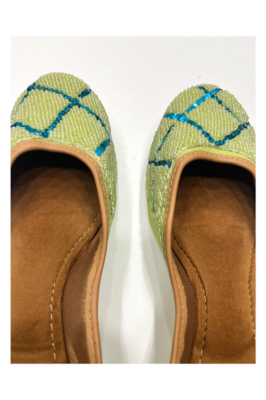 Southloom Jaipur Handmade Beads Embroidered Green Designer Juti / Mojaris