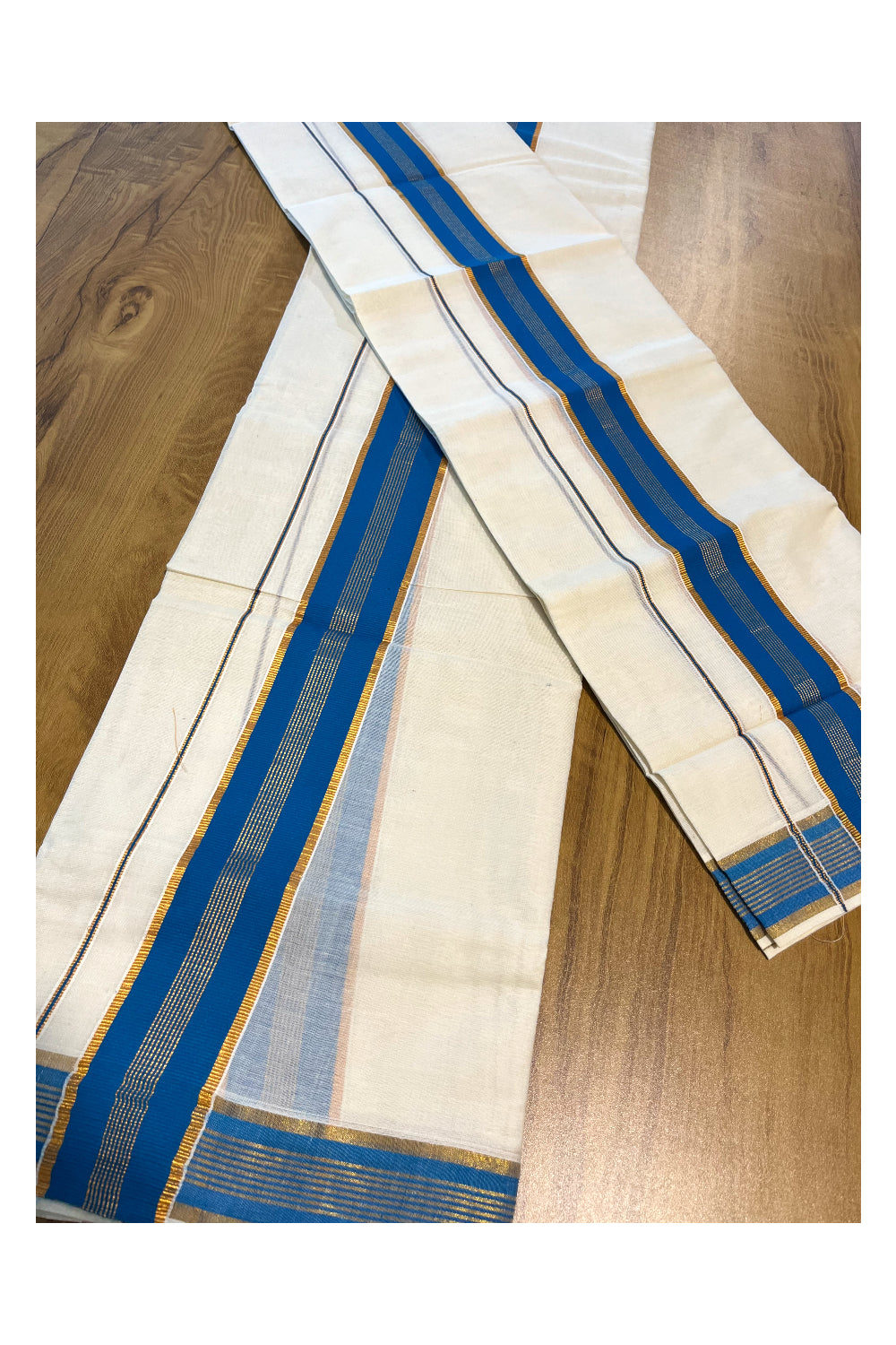 Kerala Cotton Set Mundu (Mundum Neriyathum) with Kasavu and Blue Border