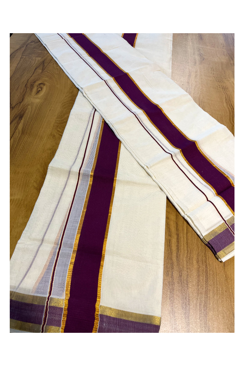 Kerala Cotton Mundum Neriyathum Single (Set Mundu) with Purple and Kasavu Border in 2.80 Mtrs