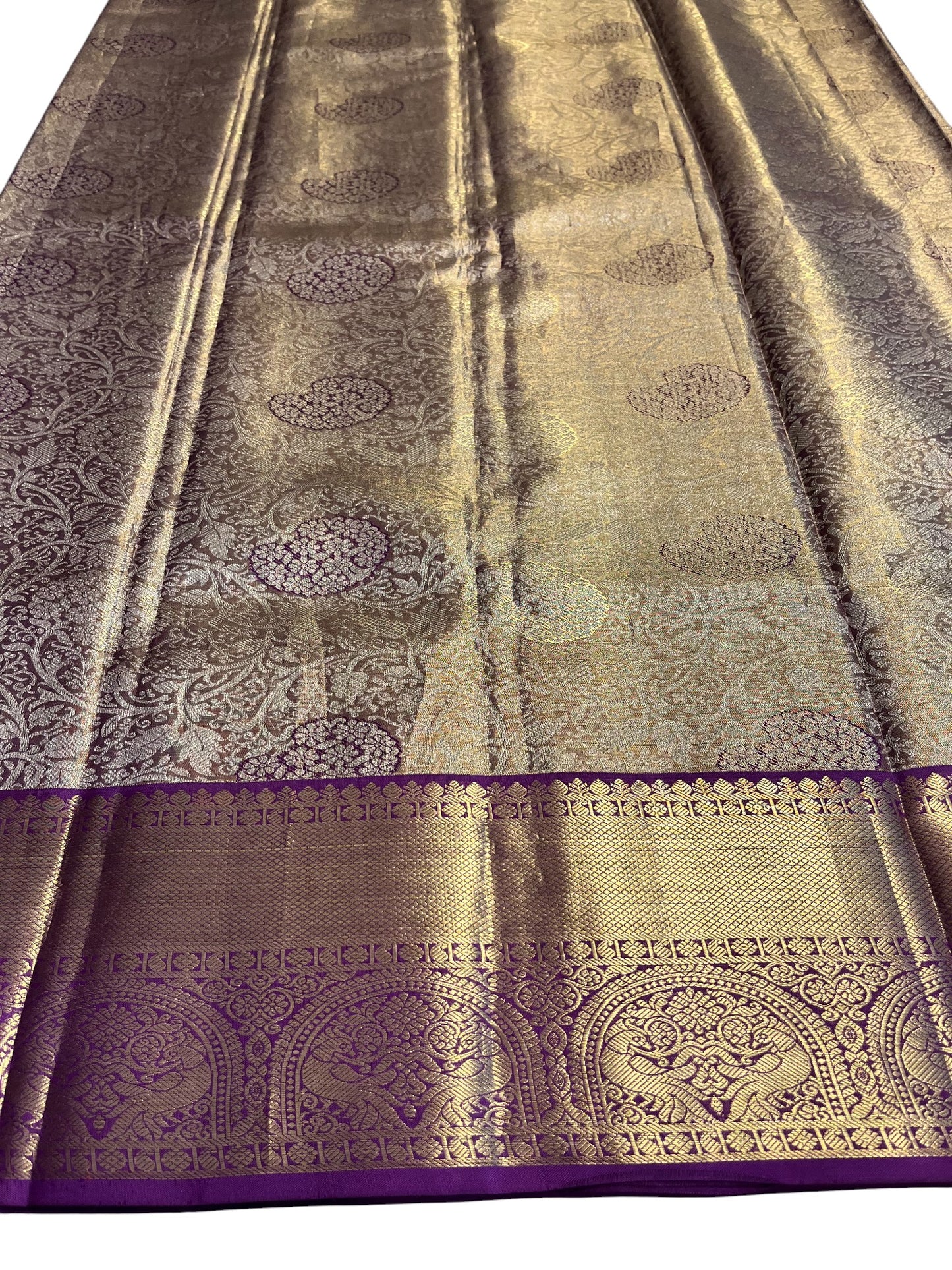 Southloom Premium Handloom Bridal Kanchipuram Silk Saree with Korvai Work (Beige & Violet)