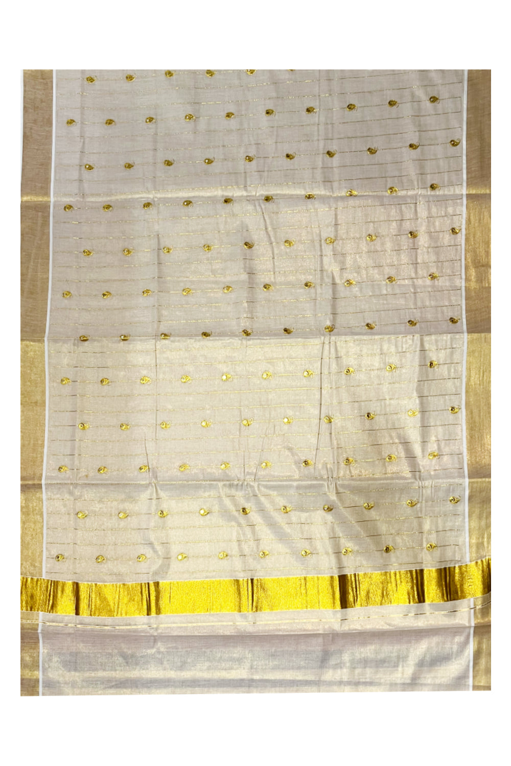 Kerala Tissue Kasavu Lines Saree with Paisley Embroidary Works On Body