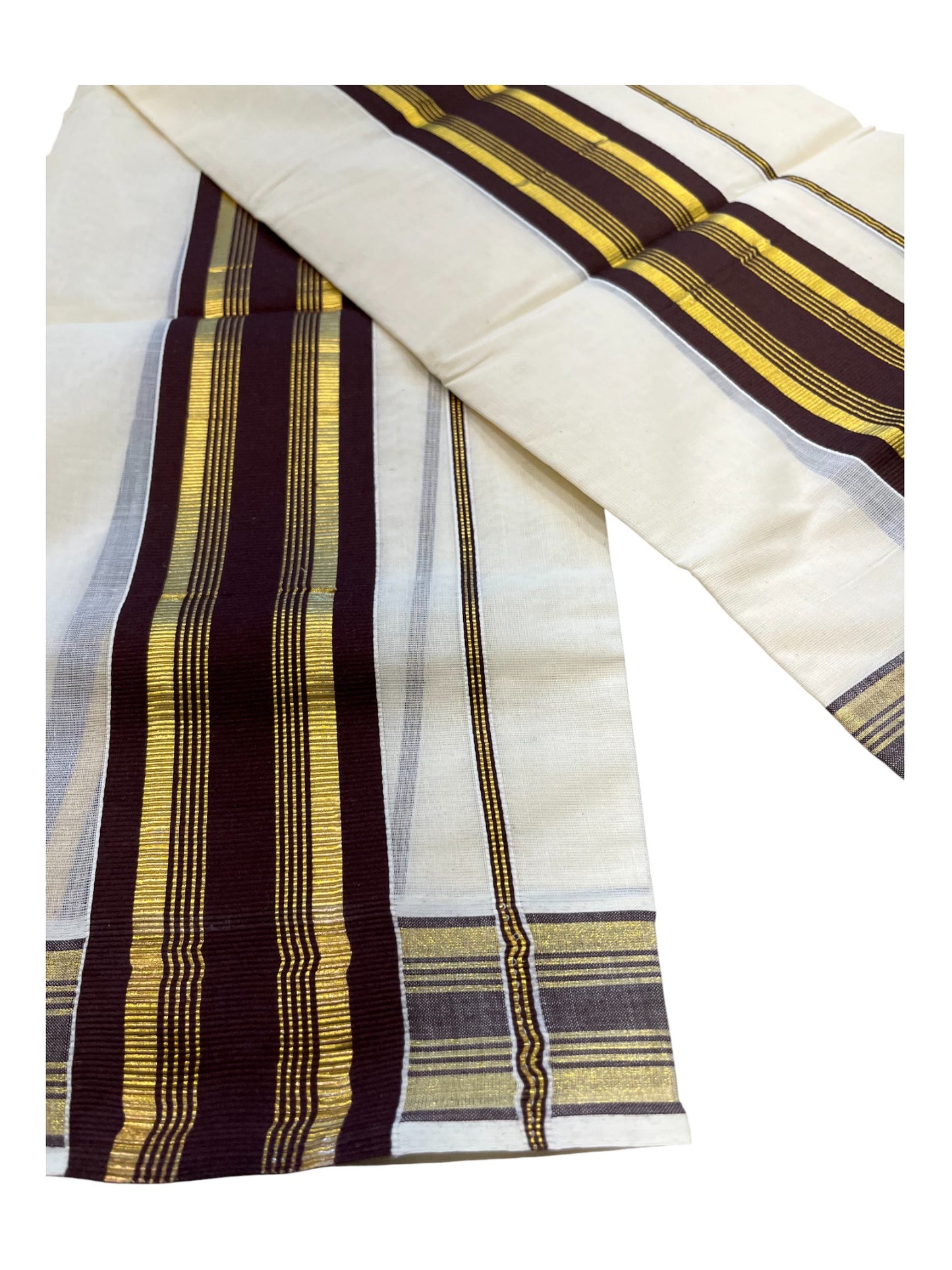 Kerala Cotton Set Mundu (Mundum Neriyathum) with Kasavu and Brown Border