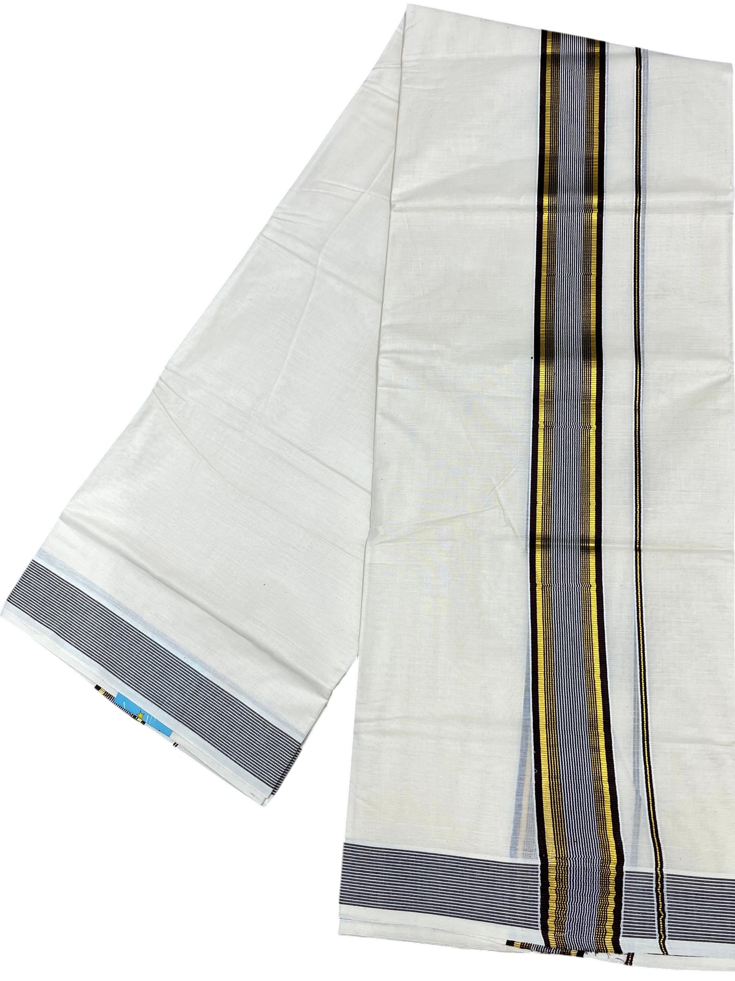 Southloom Pure Cotton Mundu with Gold lines& Brown Border (South Indian Kerala Dhoti)