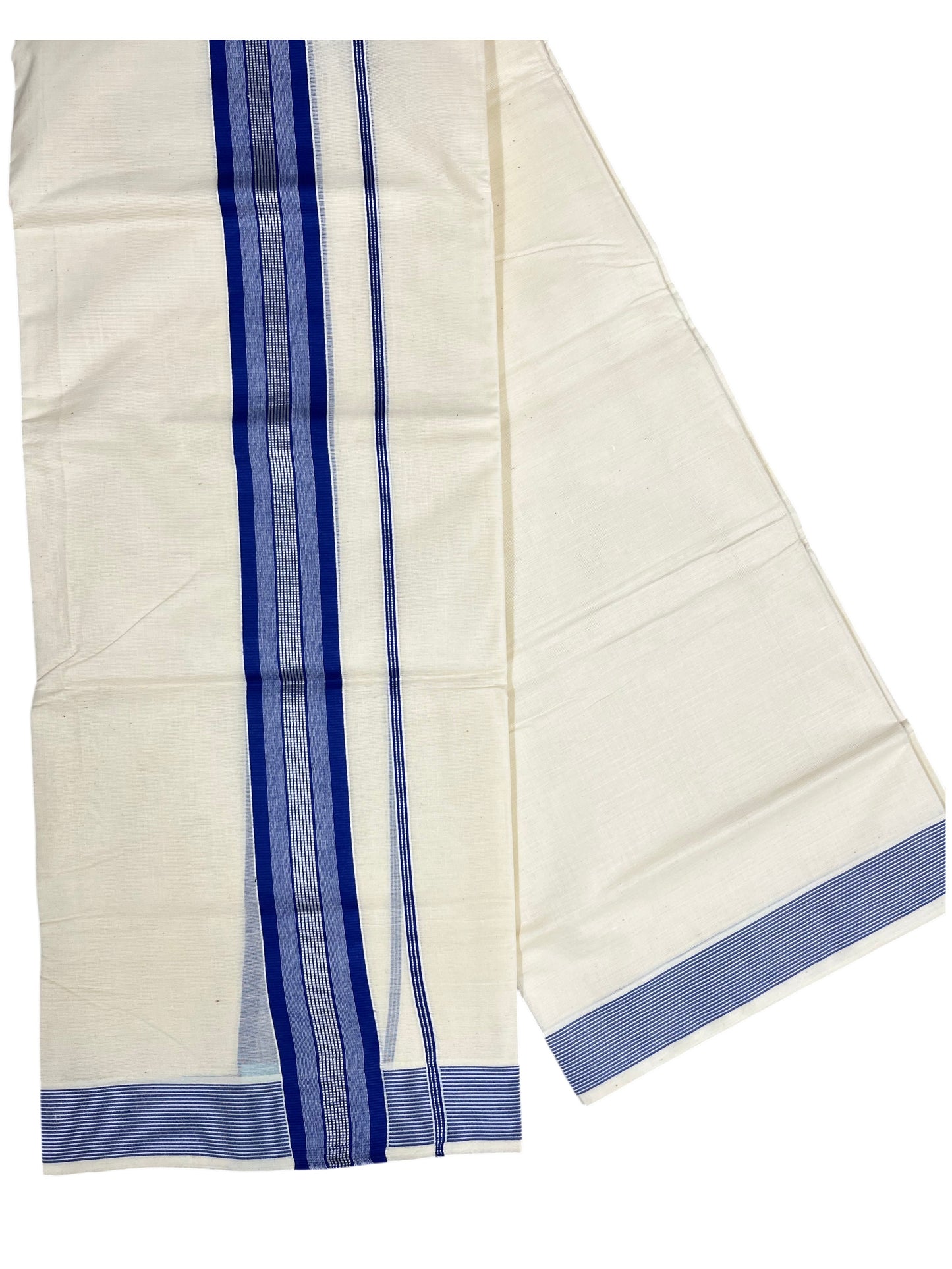 Southloom Pure Cotton Mundu with Silver Lines and Blue Border (South Indian Kerala Dhoti)