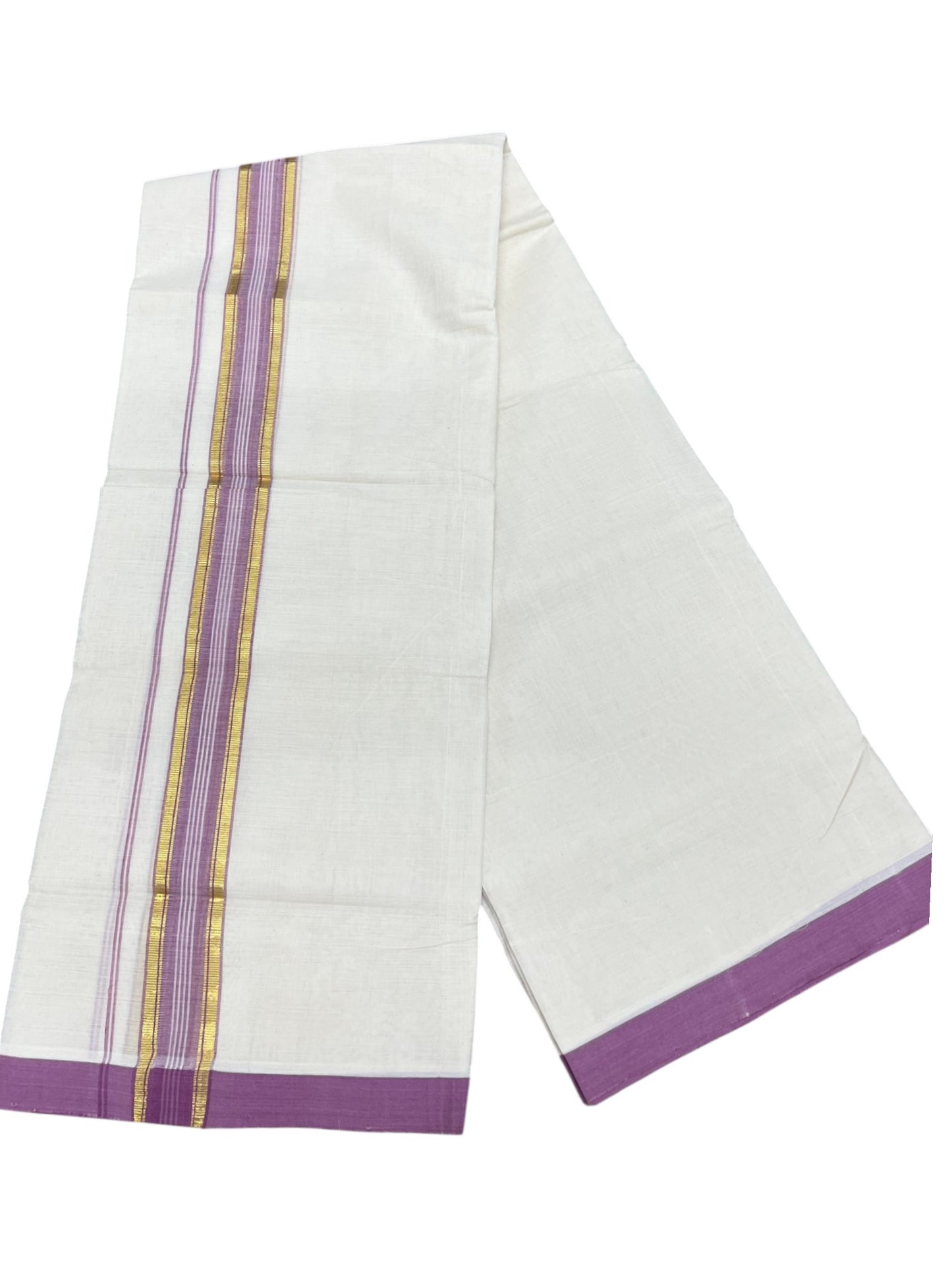 Southloom Balaramapuram Premium Handloom Cotton Double Mundu with Gold Kasavu and Pink Border
