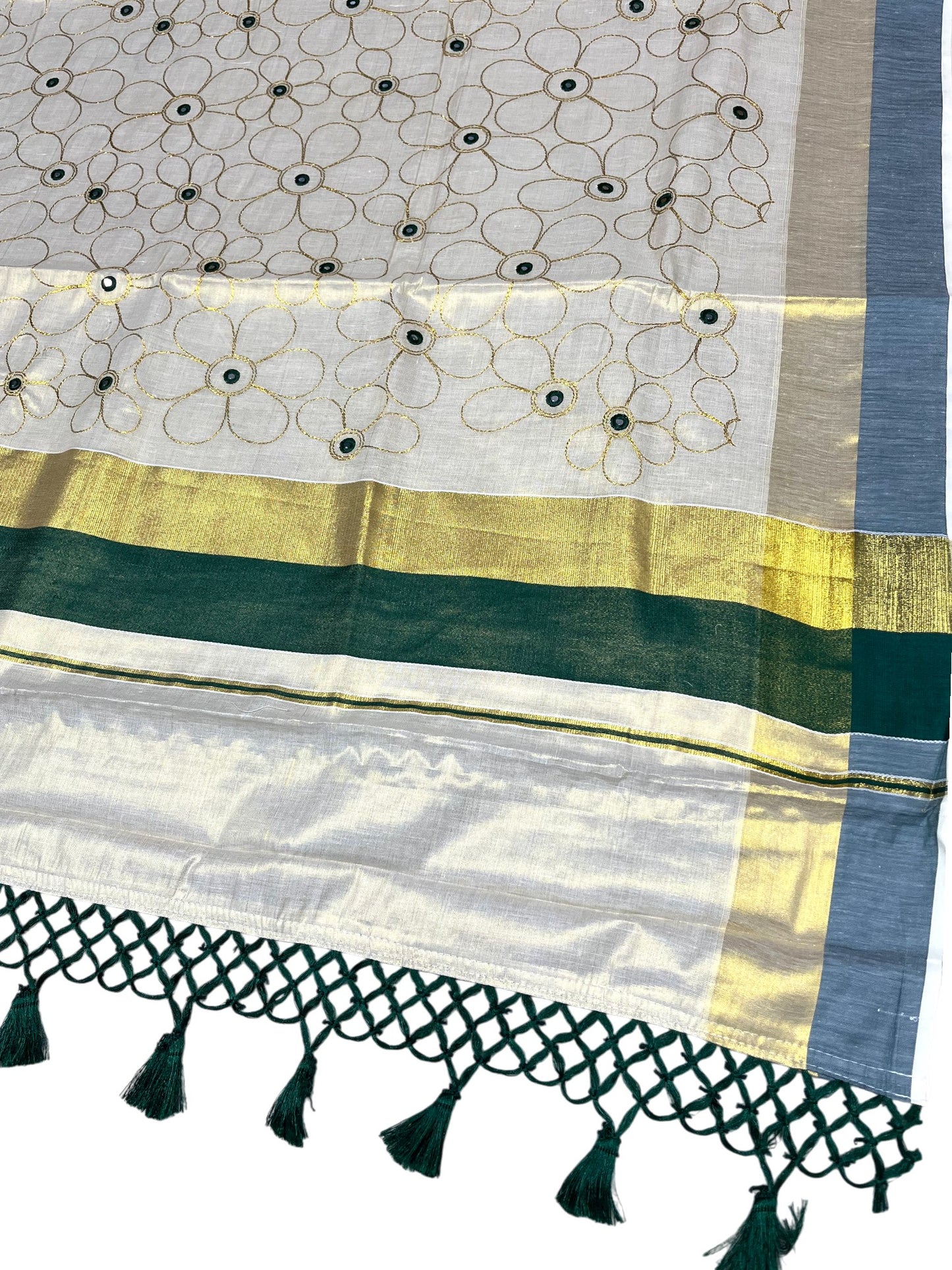 Kerala Tissue Kasavu Stripes Saree with Gold and Green Floral Embroidery Design on Body