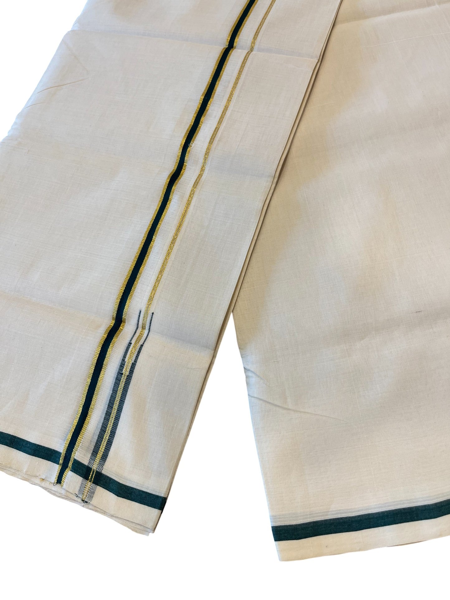 Southloom Premium Handloom Cotton Double Mundu with Golden and Green Border