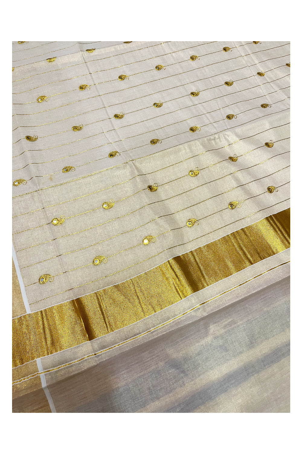 Kerala Tissue Kasavu Lines Saree with Paisley Embroidary Works On Body