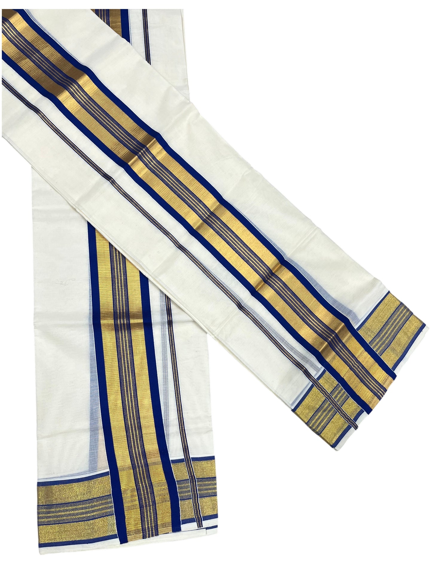 Southloom Pure Cotton Kerala Set Mundu (Mundum Neriyathum) Single with Blue and Kasavu Border 2.80 Mtrs SLKK SL522
