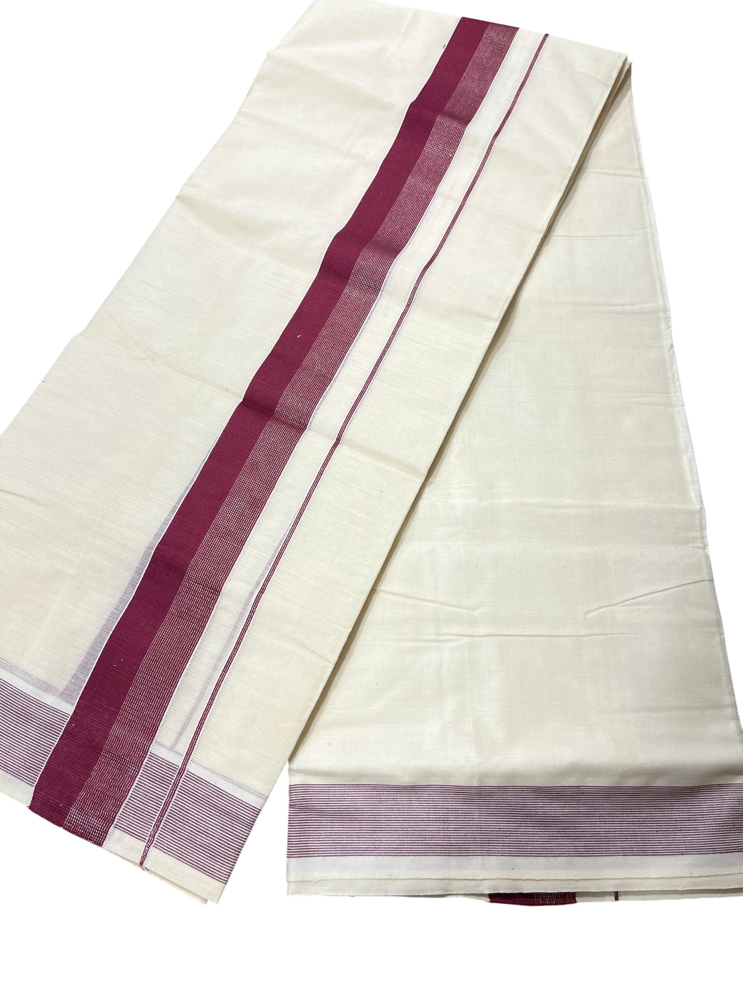 Southloom Kerala Pure Cotton Double Mundu with Silver Lines & Purple Border (South Indian Dhoti)