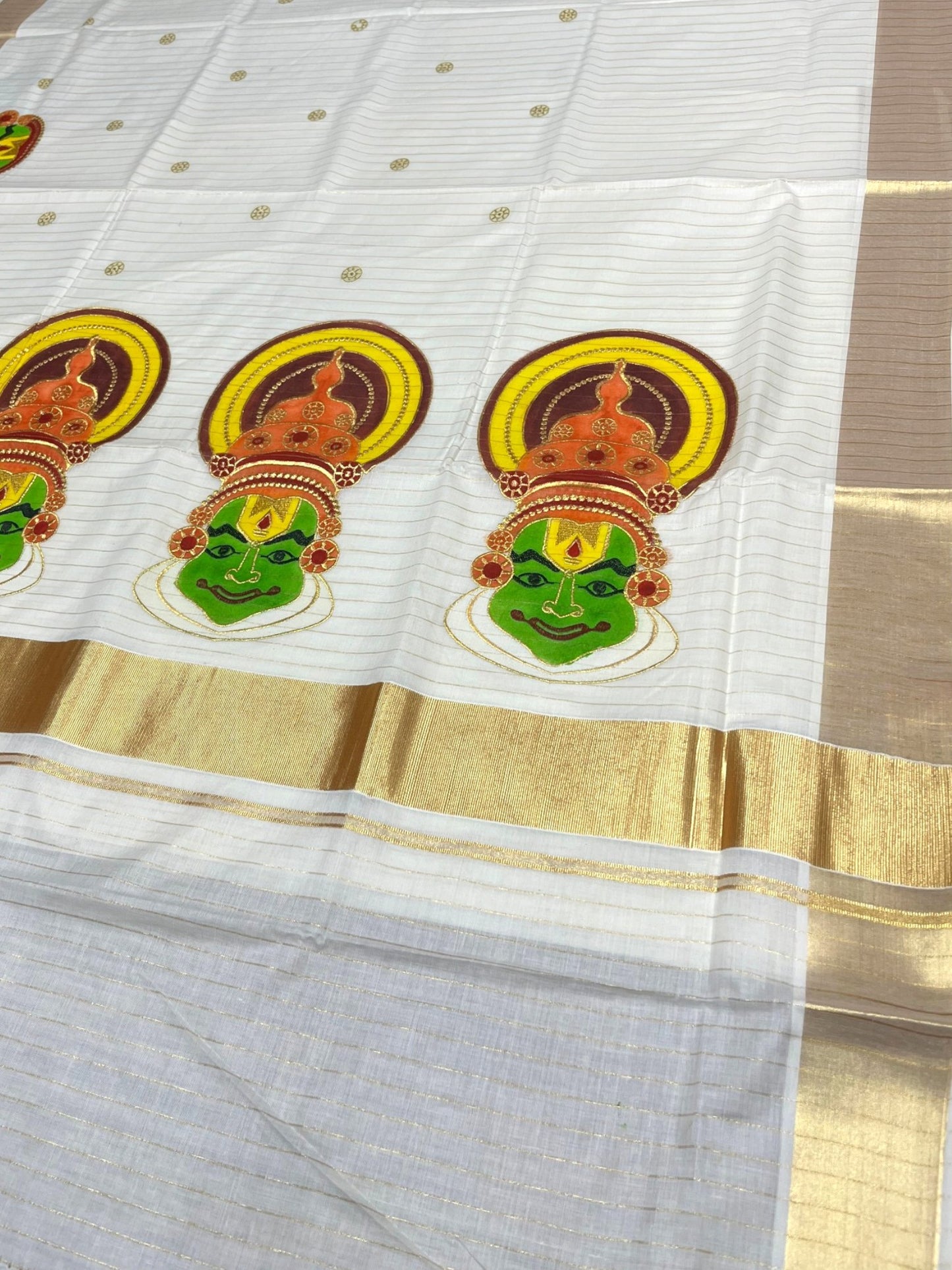 Southloom Kerala Cotton Kasavu Lines Saree with Kathakali Embroidery Design SL339