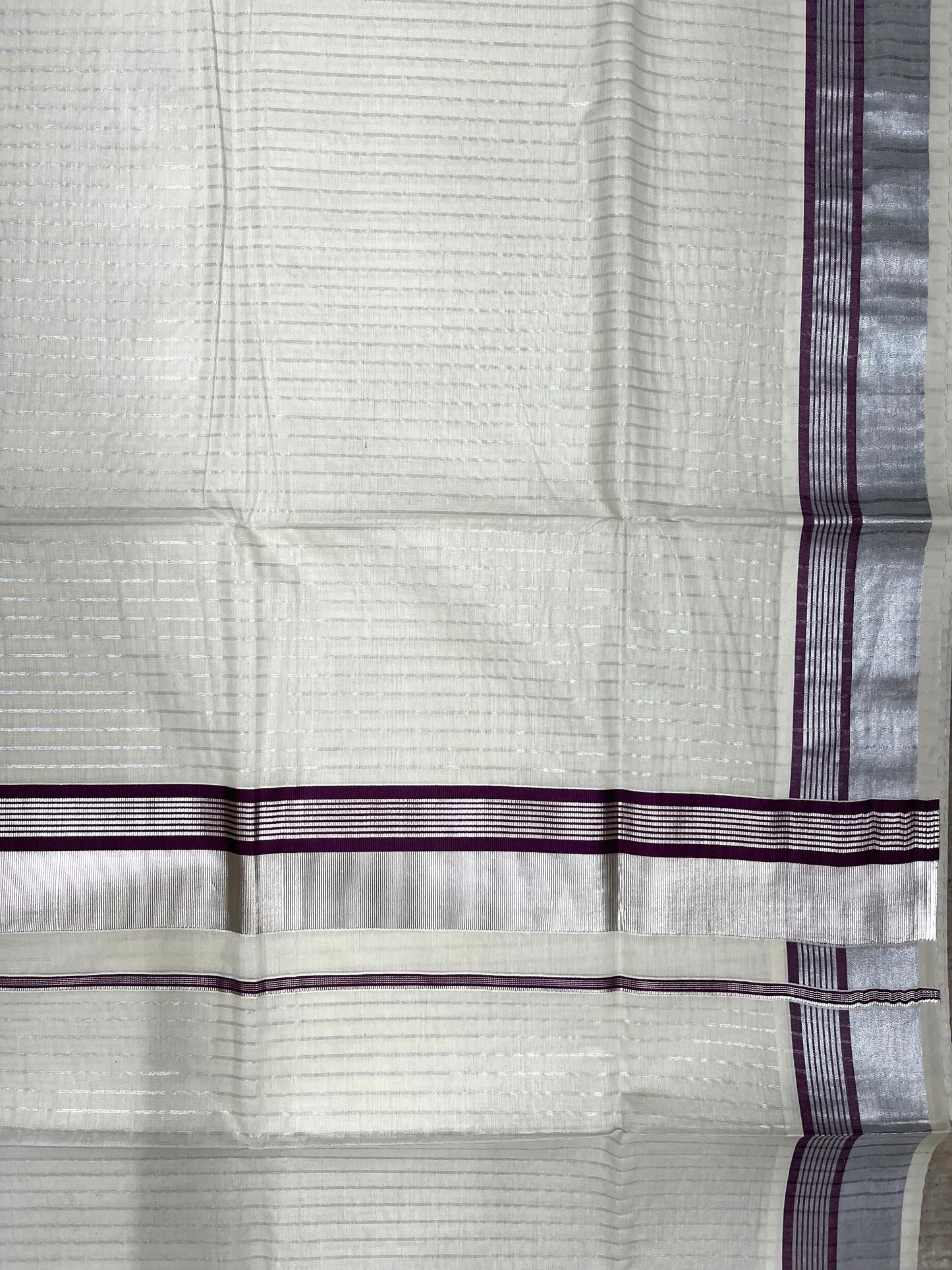 Southloom Pure Cotton Kerala Silver Kasavu Lines Saree with Purple and Silver Border
