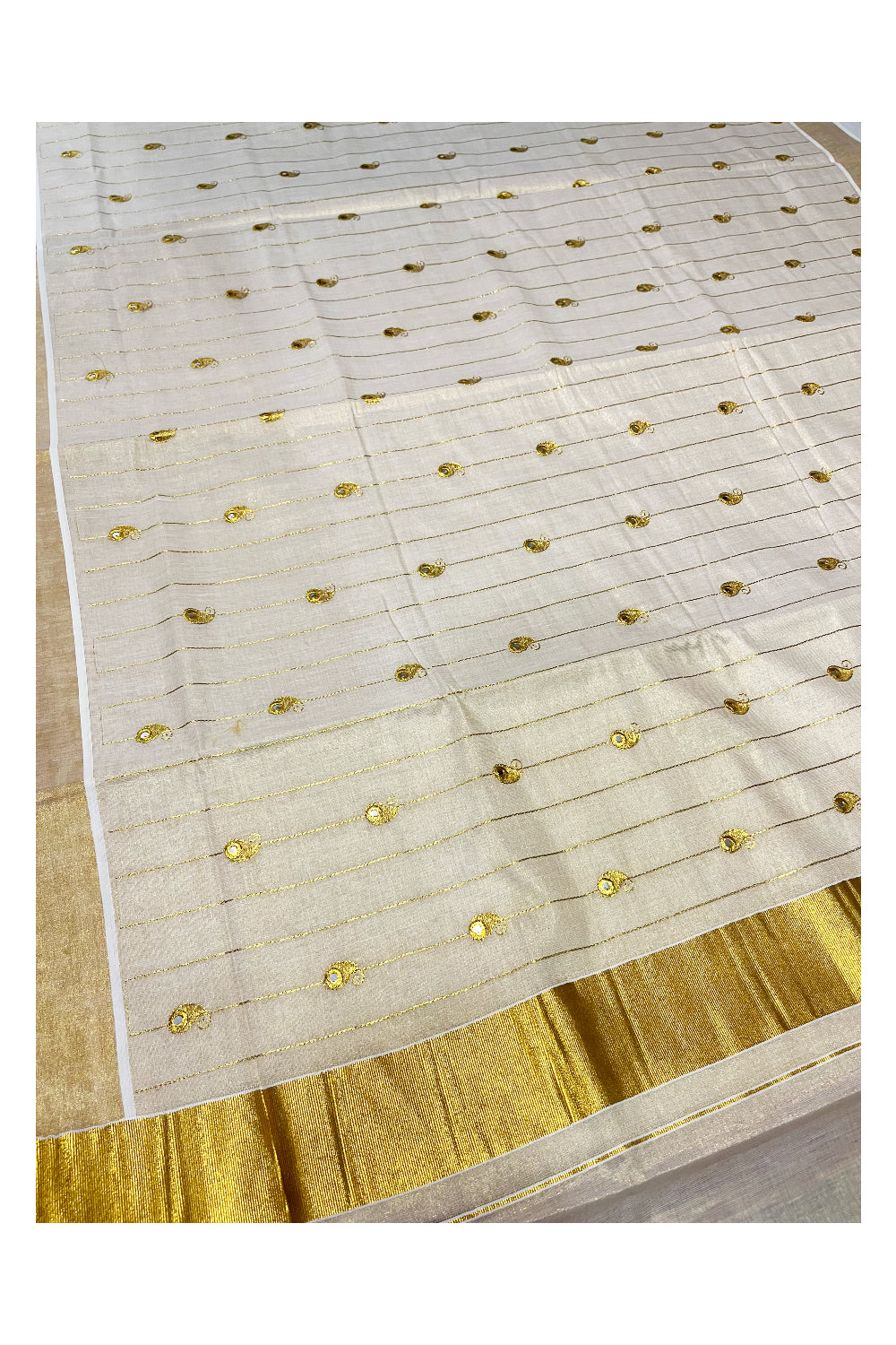 Kerala Tissue Kasavu Lines Saree with Paisley Embroidary Works On Body