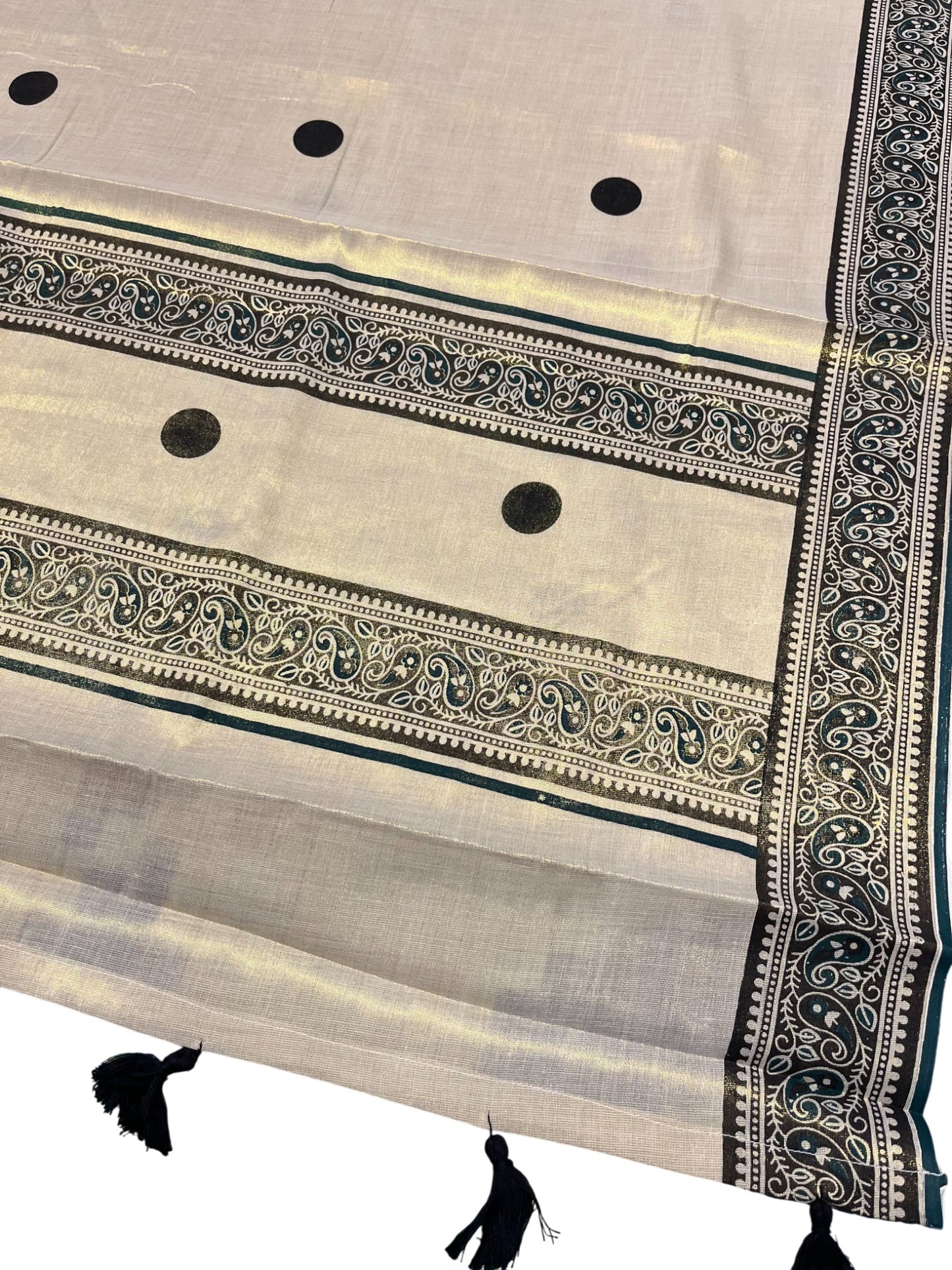 Southloom Kerala Tissue Kasavu Saree With Black Polka Dots on Body