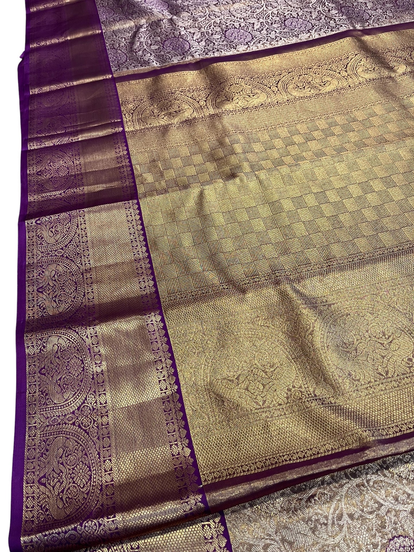 Southloom Premium Handloom Bridal Kanchipuram Silk Saree with Korvai Work (Beige & Violet)