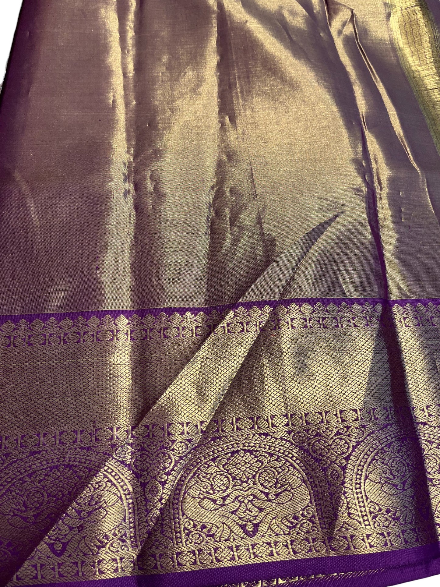 Southloom Premium Handloom Bridal Kanchipuram Silk Saree with Korvai Work (Beige & Violet)