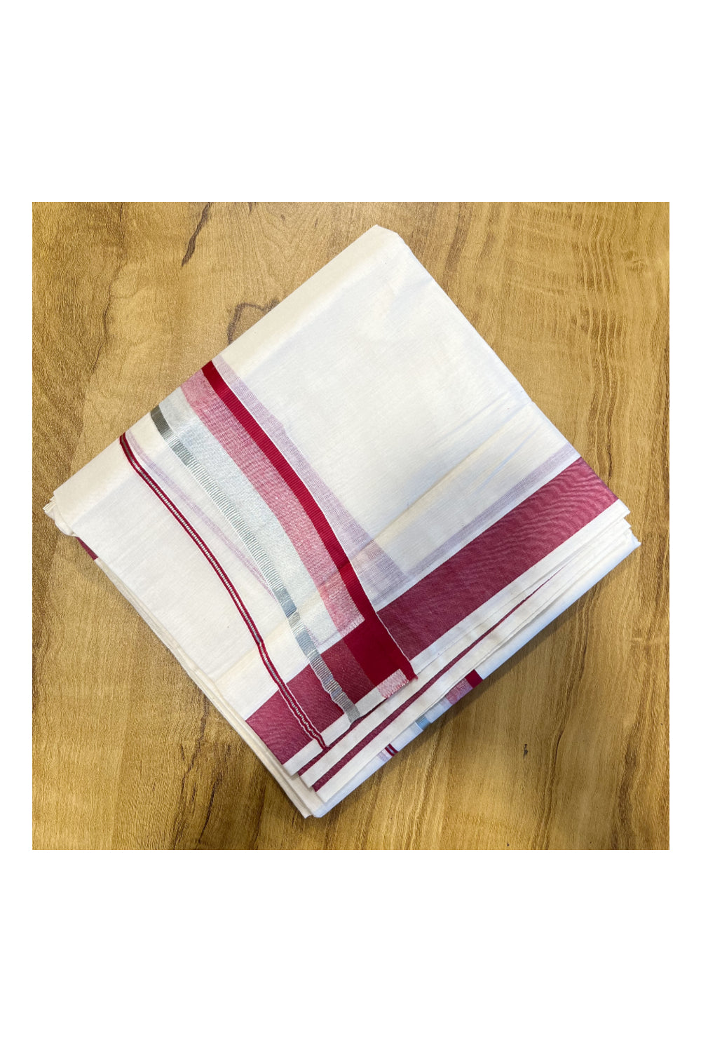 Pure Cotton Mundu with Silver Lines and Maroon Border (South Indian Kerala Dhoti)