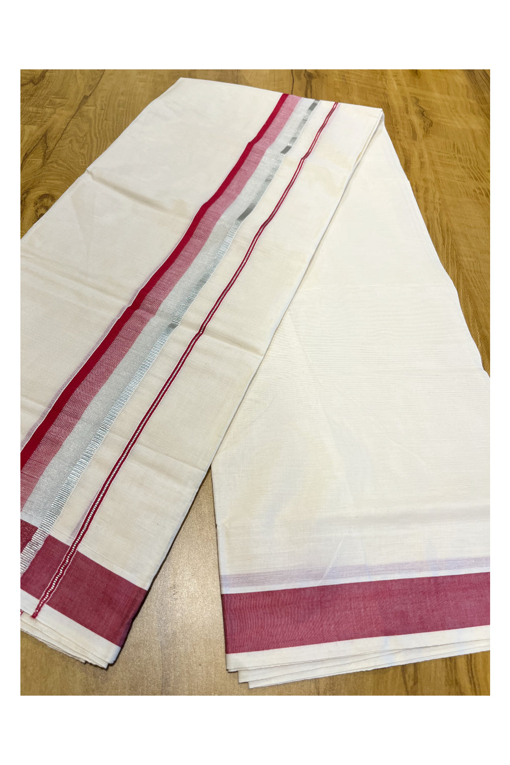 Pure Cotton Mundu with Silver Lines and Maroon Border (South Indian Kerala Dhoti)