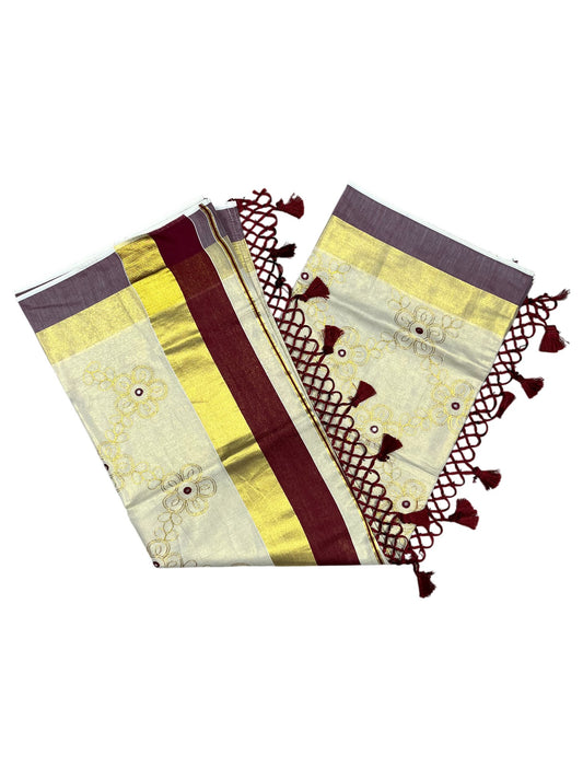 Kerala Tissue Kasavu Stripes Saree with Gold and Maroon Floral Embroidery Design on Body SL269