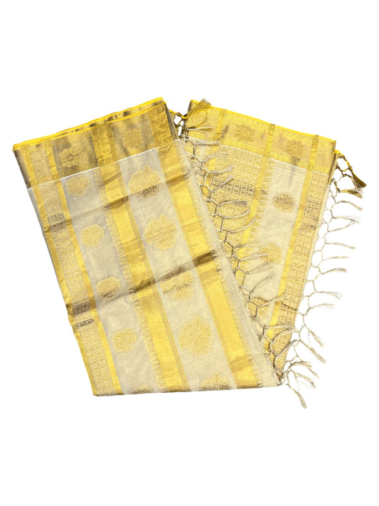 Southloom Tissue Kasavu Replica Saree with Woven Butta Works Across Body and Temple Border
