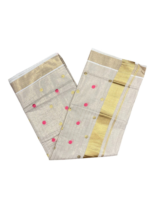 Southloom Kerala Tissue Kasavu Saree with Gold& Pink Polka Embroidery Works on Body