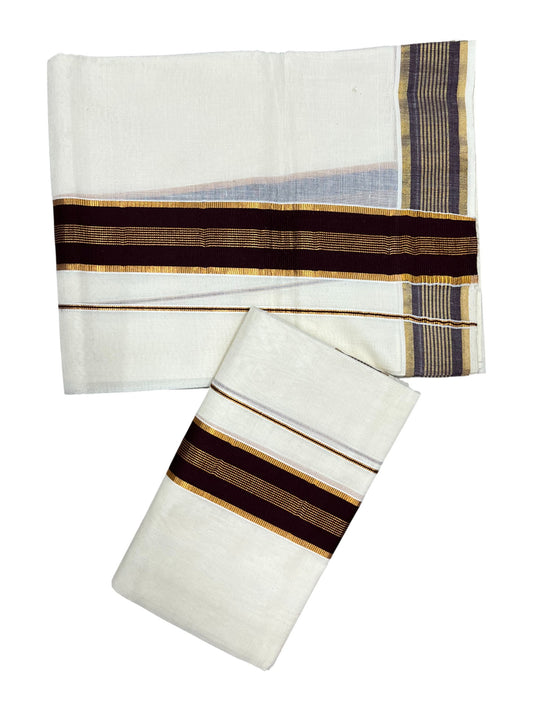 Kerala Cotton Single Set Mundu (Mundum Neriyathum) with Brown Kasavu Border in 2.80 Mtrs