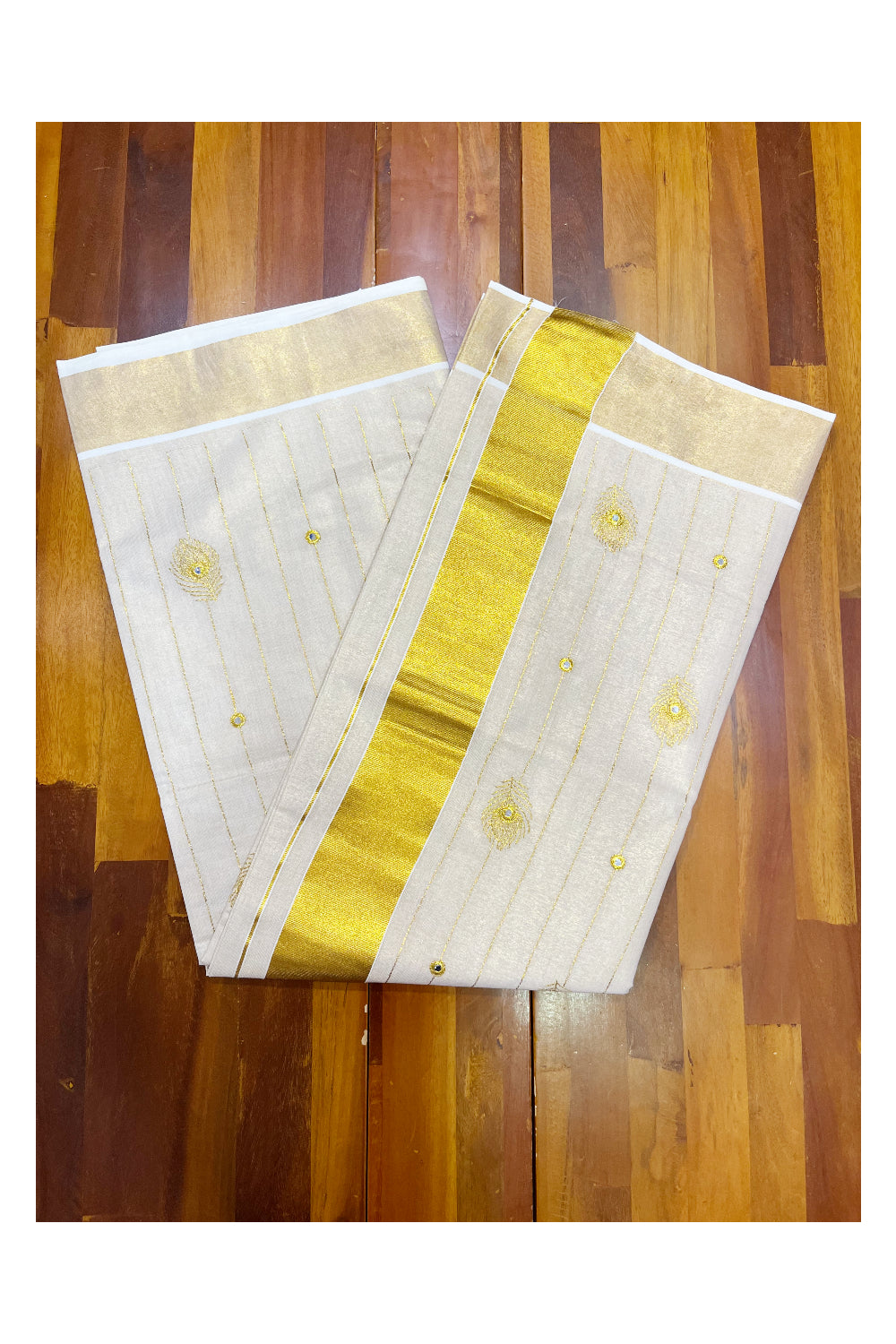 Kerala Tissue Kasavu Lines Saree with Feather Embroidary Works On Body