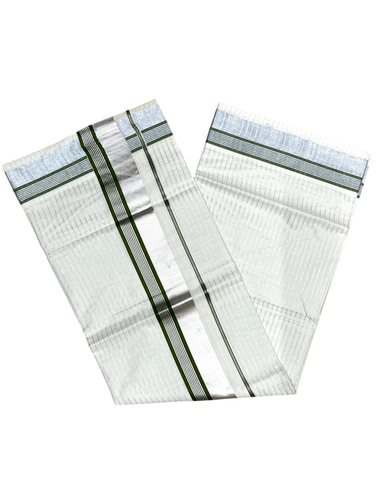 Southloom Pure Cotton Kerala Silver Kasavu Lines Saree with Olive Green and Silver Border
