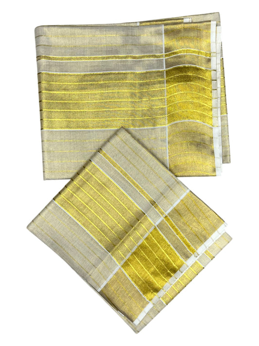 Southloom Tissue Kerala Kasavu Set Mundu (Mundum Neriyathum) with Stripes on Body