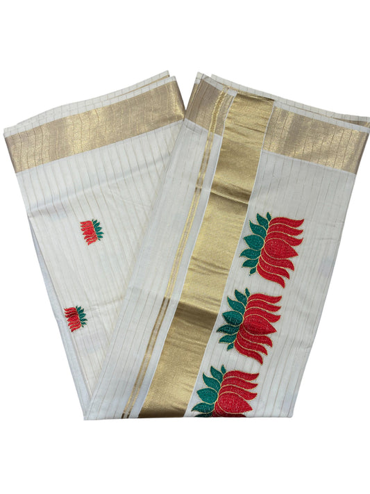 Southloom Kerala Cotton Kasavu Line Saree with Red Lotus Embroidery Works
