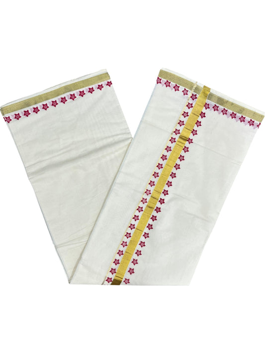 Southloom Cotton Kerala Kasavu Saree with Block Printed Design on Borders and Kara