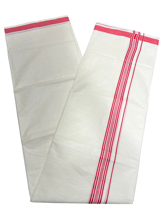 Southloom Pure Cotton Double Mundu With White Lines & Red Border (South Indian Kerala Dhoti)