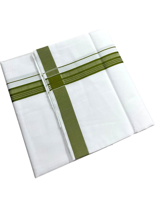 Southloom Pure White Cotton Mundu with Olive Green Lines Border (South Indian Kerala Dhoti)