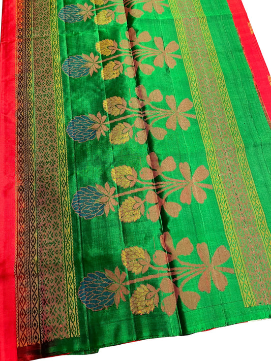 Southloom Pure Handloom Bridal Kanchipuram Silk Saree with Korvai Work (Red & Green)