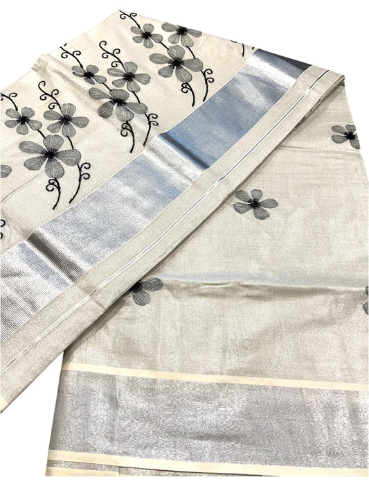 Southloom Kerala Tissue Silver Kasavu Saree with Grey Floral Embroidery on Body and Border