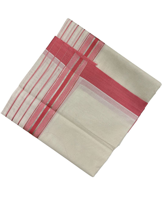 Southloom Kerala Pure Cotton Double Mundu with Pink And Silver Lines Border (South Indian Dhoti)
