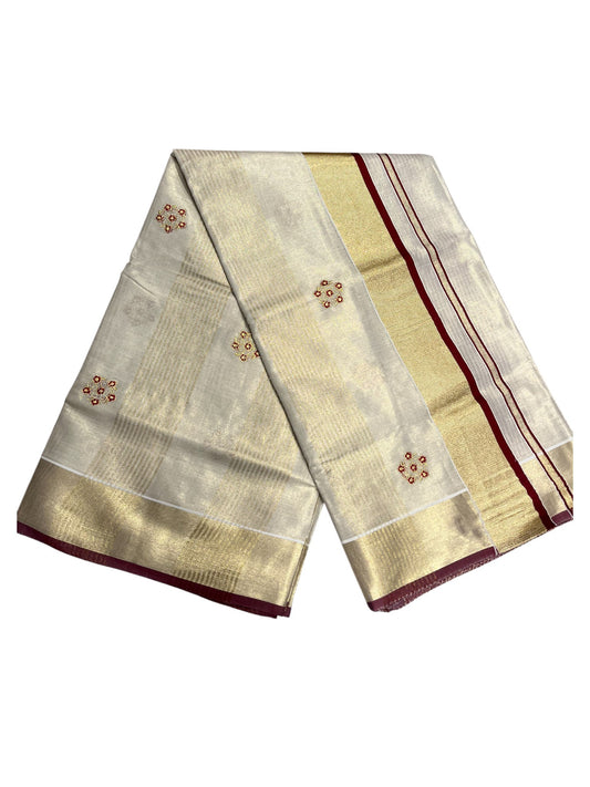 Kerala Tissue Kasavu Lines Saree with Golden And Maroon Embroidery Works